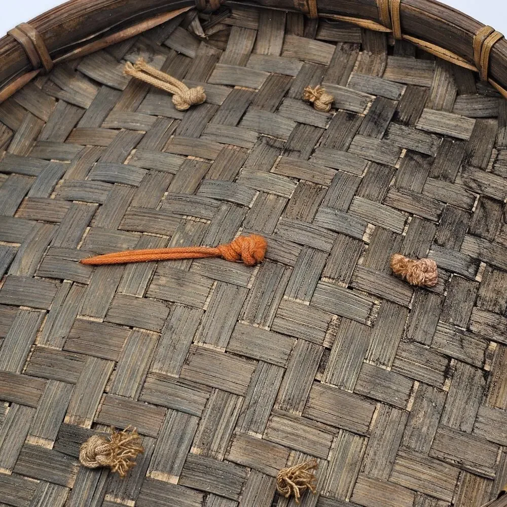 VTG 1950s Chinese Wicker Bamboo Sewing Basket w Colorful Beads Jadeite Tassels